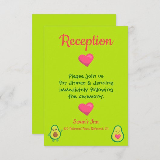 ピンクと緑のアボカドのウェディングレセプション エンクロージャーカード (正面/裏面)