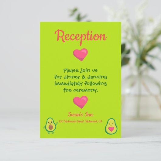 ピンクと緑のアボカドのウェディングレセプション エンクロージャーカード (スタンド正面)