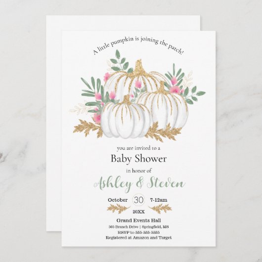 ピンクと緑のカボチャのベビーシャワー 招待状 (正面/裏面)