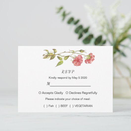 ピンクと緑のカーネーションの結婚水色 出欠カード (スタンド正面)