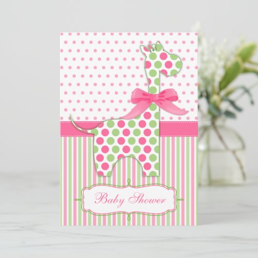 ピンクと緑のキリン赤ちゃんシャワー 招待状 (スタンド正面)