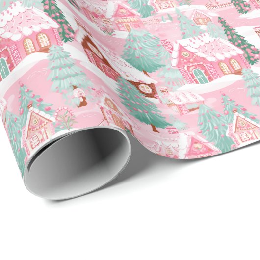 ピンクと緑のクリスマスジンジャーブレッドの町 ラッピングペーパー (ロールコーナー)