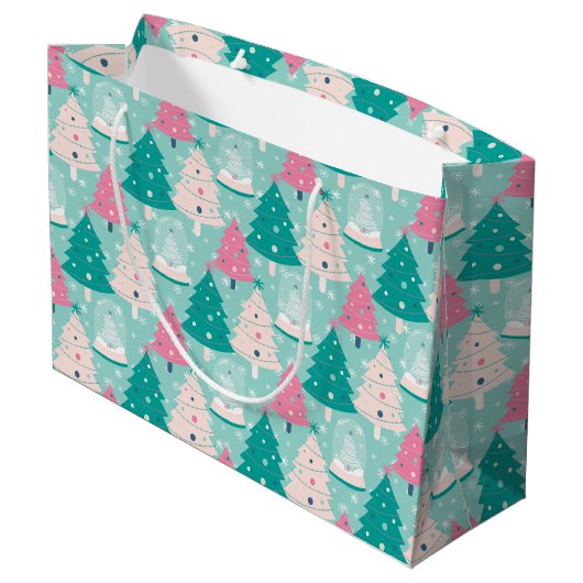 ピンクと緑のクリスマススノーグローブ ラージペーパーバッグ (裏面アングル)