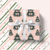 ピンクと緑のクリスマスツリーがキャンディカンを弓 ラッピングペーパーシート