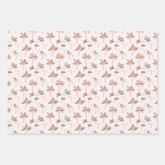 ピンクと緑のクリスマスツリーがキャンディカンを弓 ラッピングペーパーシート (正面2)