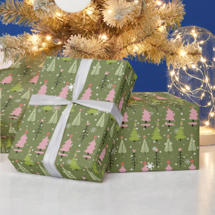 ピンクと緑のクリスマスツリーグリーンクリスマス ラッピングペーパー