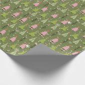 ピンクと緑のクリスマスツリーグリーンクリスマス ラッピングペーパー (角)