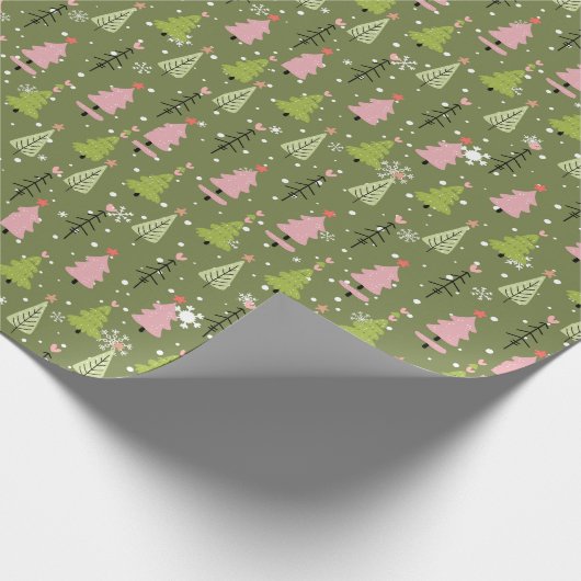 ピンクと緑のクリスマスツリーグリーンクリスマス ラッピングペーパー (角)