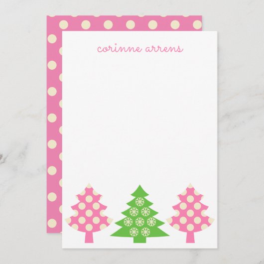 ピンクと緑のクリスマスツリーノートカード サンキューカード (正面/裏面)