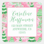 ピンクと緑のクリスマスツリー差出人住所 スクエアシール (正面)