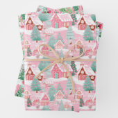 ピンクと緑のクリスマスビレッジ ラッピングペーパーシート (インサイチュ)