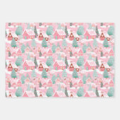 ピンクと緑のクリスマスビレッジ ラッピングペーパーシート (正面)