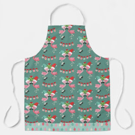 ピンクと緑のクリスマスフラミンゴとオーナメント エプロン