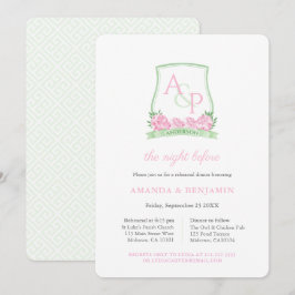 ピンクと緑のクレストのリハ結婚ーサルディナー 招待状