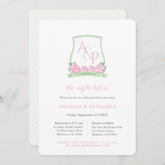 ピンクと緑のクレストのリハ結婚ーサルディナー 招待状 (正面/裏面)