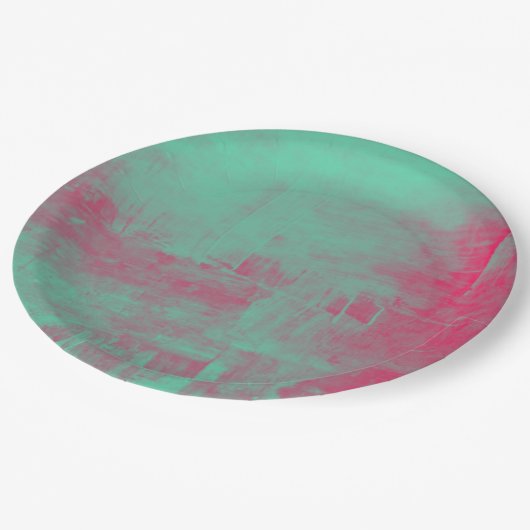 ピンクと緑のグランジ色彩の鮮やか抽象芸術 ペーパープレート (アングル)