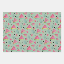 ピンクと緑のスイカ模様の水色 ラッピングペーパーシート
