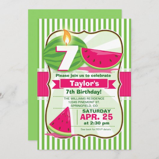 ピンクと緑のスイカ、子供の誕生日パーティー 招待状 (正面/裏面)