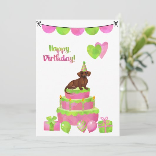 ピンクと緑のダシュント誕生日パーティーの招待状 招待状 (スタンド正面)