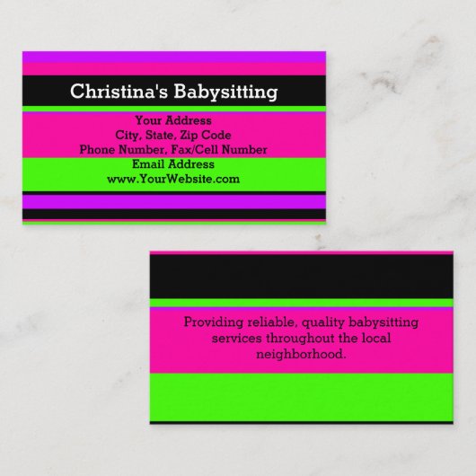 ピンクと緑のネオンストライプの10代の/ベビーシッティング 名刺 (正面/裏面)