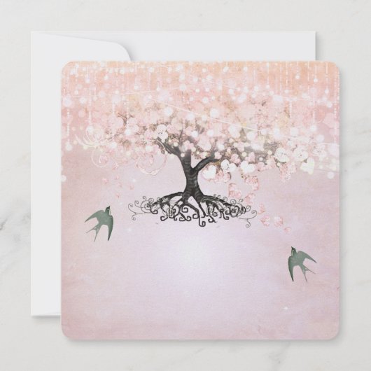 ピンクと緑のハートの葉の木ラブバード結婚ズ 招待状 (裏面)