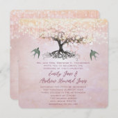 ピンクと緑のハートの葉の木ラブバード結婚ズ 招待状 (正面/裏面)