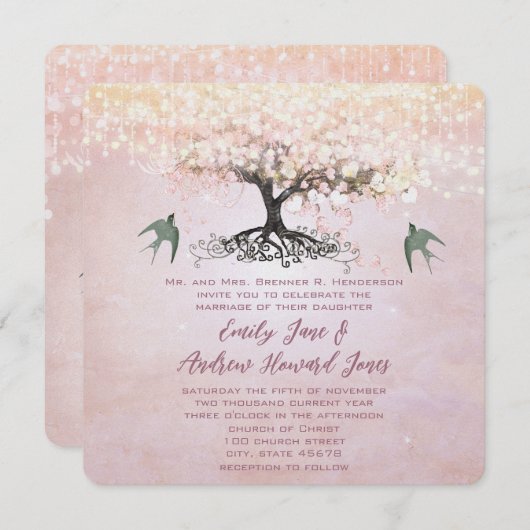 ピンクと緑のハートの葉の木ラブバード結婚ズ 招待状 (正面/裏面)