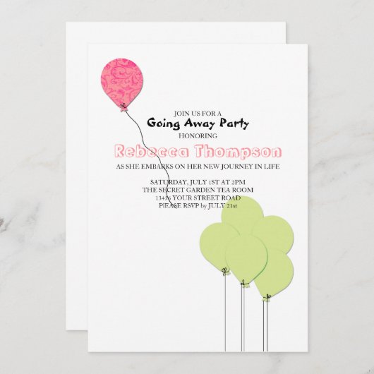 ピンクと緑のバルーン遠くにパーティー 招待状 (正面/裏面)