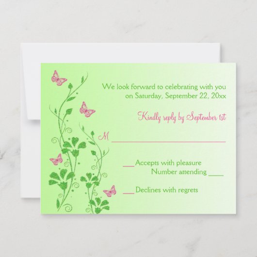 ピンクと緑のフローラと蝶の返信カード 招待状 (裏面)