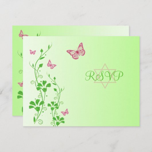 ピンクと緑のフローラと蝶の返信カード 招待状 (正面/裏面)