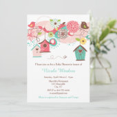 ピンクと緑のフローラの鳥の家ベビーシャワー 招待状 (スタンド正面)
