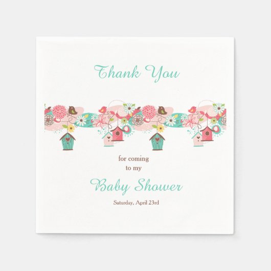 ピンクと緑のフローラバードケージ赤ちゃんシャワー スタンダードカクテルナプキン (正面)