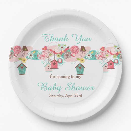 ピンクと緑のフローラバードケージ赤ちゃんシャワー ペーパープレート (正面)