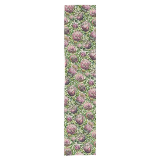 ピンクと緑のプロテア花のパターン ショートテーブルランナー (正面)