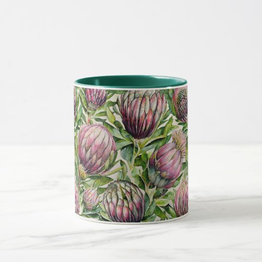 ピンクと緑のプロテア花のパターン マグカップ (中央)