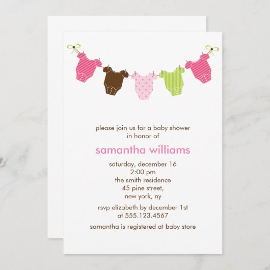 ピンクと緑のベビーガール服ベビーシャワー 招待状 (正面/裏面)