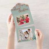 ピンクと緑のボホの羽フォトクリスマスカード オールインワン招待状 (貼ってはがせる)