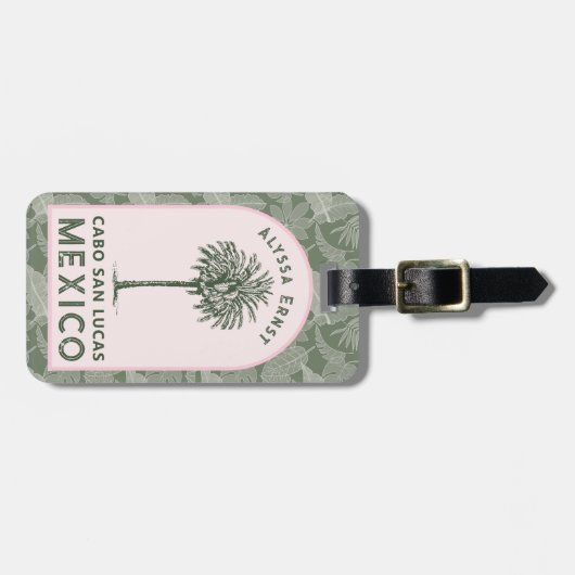ピンクと緑のヤシの木の旅行ジャーナル ラゲッジタグ (正面横)