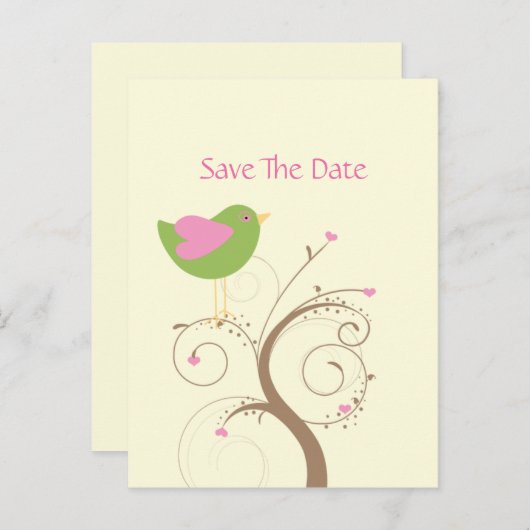 ピンクと緑のロベバードとハートは日付を保存 案内ポストカード (正面/裏面)