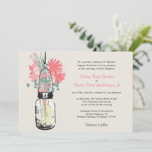 ピンクと緑のワイルドフラワーとメイソンジャー結婚ズ 招待状 (スタンド正面)