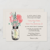 ピンクと緑のワイルドフラワーとメイソンジャー結婚ズ 招待状 (正面/裏面)