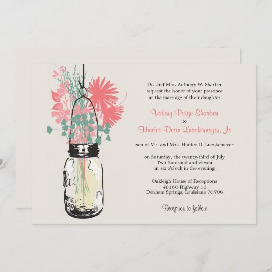 ピンクと緑のワイルドフラワーとメイソンジャー結婚ズ 招待状 (正面/裏面)