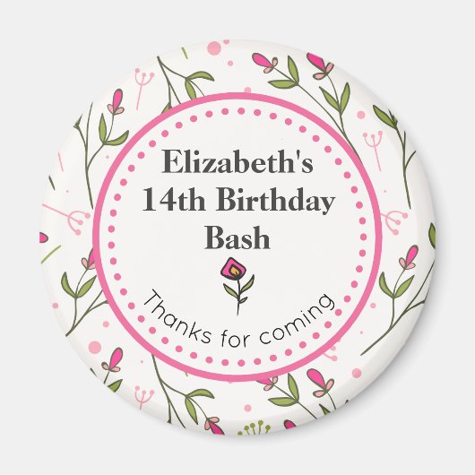 ピンクと緑のワイルドフラワーサンキュー誕生日 マグネット (正面)