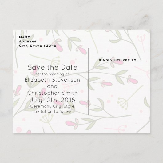 ピンクと緑のワイルドフラワーパターン日付を保存 案内ポストカード (裏面)