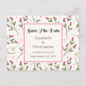 ピンクと緑のワイルドフラワーパターン日付を保存 案内ポストカード (正面)