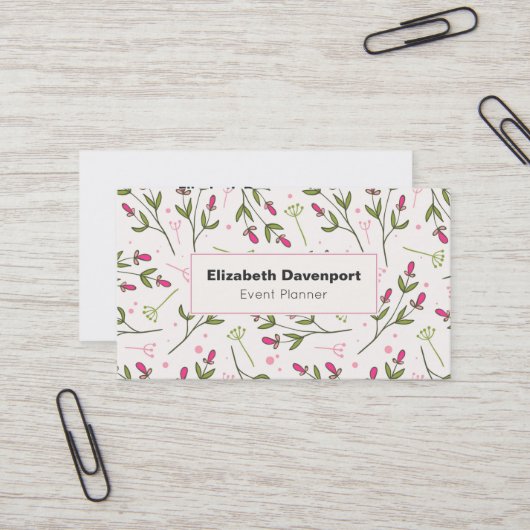 ピンクと緑のワイルドフラワーパターン 名刺 (正面/裏面インサイチュ)