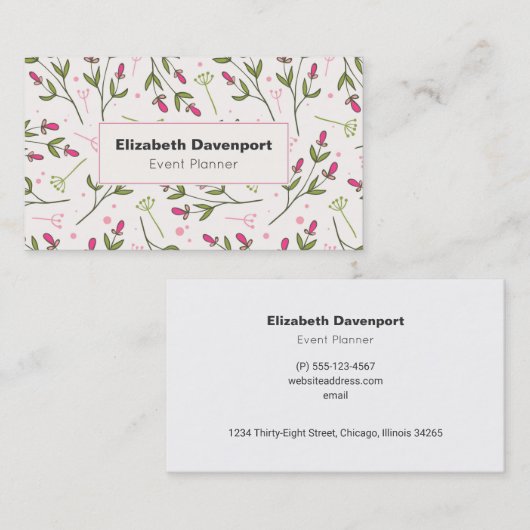 ピンクと緑のワイルドフラワーパターン 名刺 (正面/裏面)