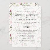 ピンクと緑のワイルドフラワーパター結婚ン 招待状 (正面/裏面)