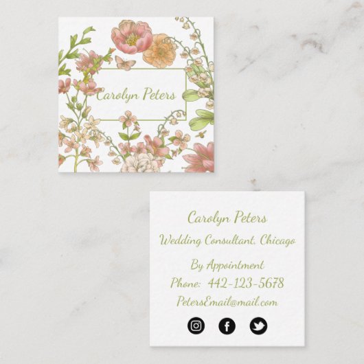 ピンクと緑の名刺の水彩の花 スクエア名刺 (正面/裏面)