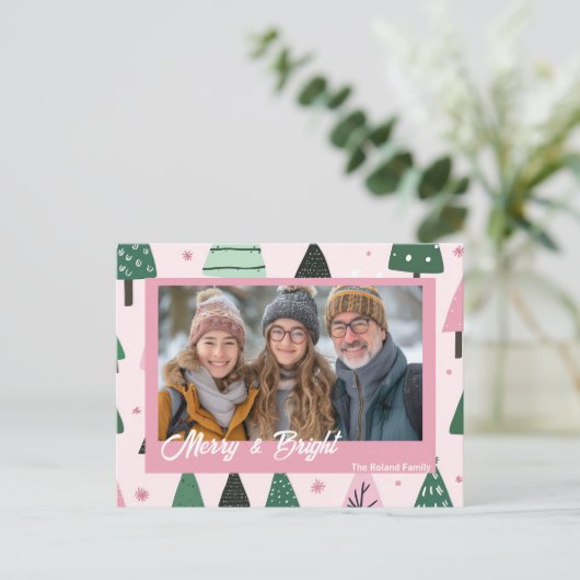 ピンクと緑の名門私立校風のクリスマスツリーの休日の写真 シーズンポストカード (スタンド正面)